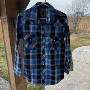 Coevals Club Mens Blue Black Plaid Western Snap Shirt Long Sleeve Small Cowboy
